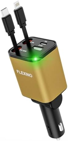 Premium Flexino Compact Retractable Car Charger for i Phone 16 – 69 W Fast Charging with Dual 2.6 ft USB C Cords | Efficient Power Adapter Compatible with i Phone 16/15/14/13/12 Series & Galaxy Devices | Sleek Grey Design for Ultimate Portability and Reduced Cable Clutter