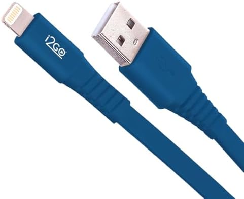 i2 GO MFi Certified 4 ft Lightning Flat Charging Cable – Efficient, Tangle-Free i Phone Charger for 14/13/12/11 & i Pad – Stylish Blue Design for Enhanced Durability and Speed