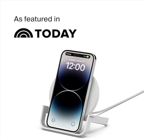 Belkin 10 W Qi-Certified Fast Wireless Charging Stand for i Phone & Samsung – Streamline Your Charging Experience with Effortless Power-Up, Perfect for Video Calls, Music, and More – Includes AC Adapter for Immediate Use – Elegant White Design Enhances Any Space