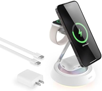 SODI 3-in-1 Magnetic Wireless Charging Station with Ambient Light – 15 W Fast Charger for i Phone 16, 15, 14, 13, 12 Pro/Max, Air Pods & Apple Watch – Sleek Design for Effortless Device Organization and Enhanced Charging Efficiency