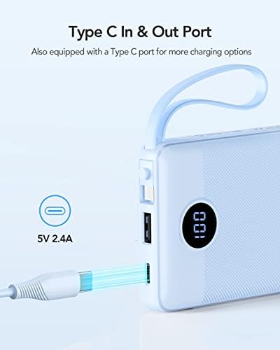 VRURC 10000 m Ah Portable Power Bank with Integrated Cables and LED Battery Indicator – Slim, Lightweight Travel Charger with Dual Input and Five Outputs for Effortless Device Charging – Ideal for Smartphones and Tech Gadgets – Stylish Blue Design (1 Pack) – Ultimate Convenience and Compatibility