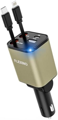 Premium Flexino Compact Retractable Car Charger for i Phone 16 – 69 W Fast Charging with Dual 2.6 ft USB C Cords | Efficient Power Adapter Compatible with i Phone 16/15/14/13/12 Series & Galaxy Devices | Sleek Grey Design for Ultimate Portability and Reduced Cable Clutter