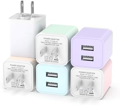 6 Pack Colorful Dual USB Wall Charger by i GENJUN – Fast Charging Cube Power Plug Adapter for i Phone, Samsung Galaxy, Google Pixel & Android Devices – Compact, Multi-Device Charging Solution with Built-In Safety Features – Enhance Your Charging Experience