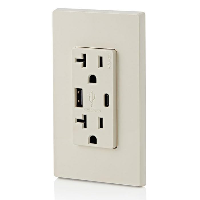 Leviton Dual USB In-Wall Charger with 20 A Tamper-Resistant Outlet – Type A & Type-C Compatibility for Smartphones and Tablets, Light Almond Finish – Streamlined Charging Solution for Home and Office Spaces