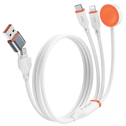for Apple Watch Charger,3-in-2 Silicone Multi Charging Cable Travel Fast Charger Cord with USB C/Lightning Ports -Tangle-Free for iWatch Ultra/SE/10-1, iPhone 16-12/PS5/Nintendo Switch-4FT – Enhanced Compatibility and Speed