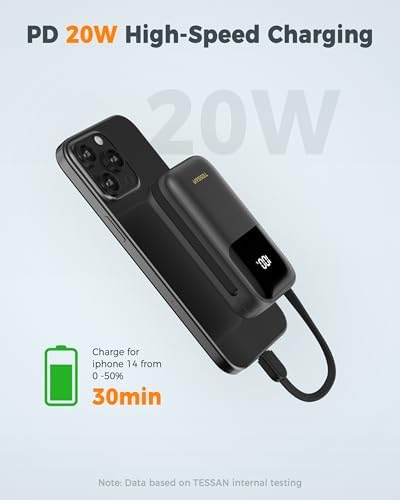 TESSAN 10000 m Ah Fast Charging Portable Power Bank with Built-in USB-C Cable – Compact Battery Pack for i Phone 16/15, Samsung & Tablets – Ultimate Travel Companion with Universal Compatibility & Rapid Recharge Technology