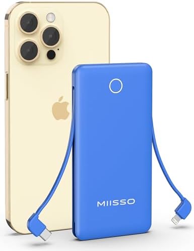 miisso 10000 m Ah Ultra-Slim Portable Power Bank with Integrated Charging Cables – Multi-Device USB-C Travel Charger for i Phone & Samsung – Compact, Lightweight Battery Pack Designed for Maximum Portability and Efficiency