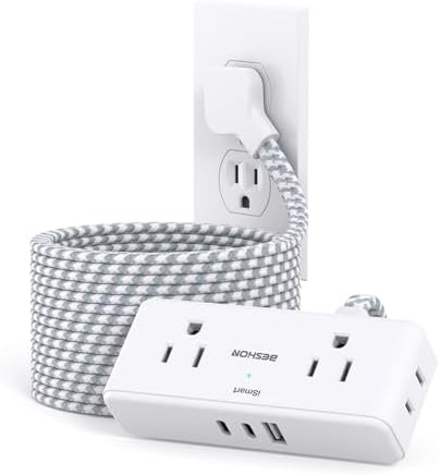 BESHON 10 ft Flat Plug Extension Cord with 4 Wide Outlets & 3 USB Ports (2 USB-C) – Versatile Power Strip for Home, Office & Dorm – Space-Saving Design with Surge Protection & Fast Charging Capabilities