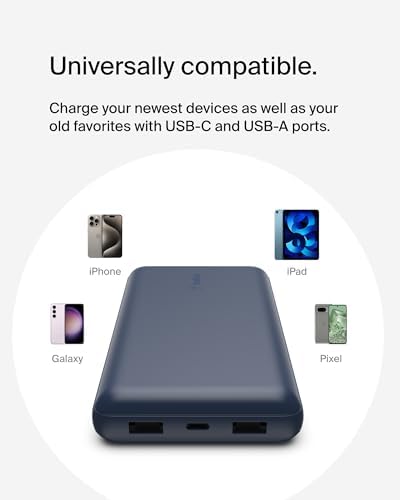 Belkin 20000 m Ah USB-C Power Bank – Dual USB-A Ports, Fast 15 W Charging for i Phone 16/15 Plus, Samsung Galaxy S25, Pixel, i Pad, Nintendo Switch 2 – Travel-Friendly Design in Pearl Blue for Enhanced Device Compatibility and On-the-Go Power