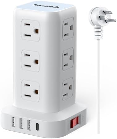 Elevate Your Charging Efficiency with the 12-Outlet Tower Surge Protector Power Strip – 6.5 Feet Extension Cord, 4 USB Ports Including USB-C, Compact Charging Station for Office and Home, Enhanced Surge Protection for Ultimate Device Safety