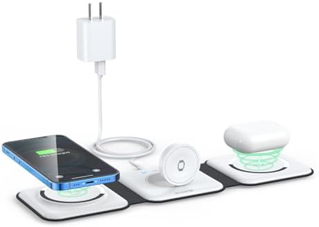 Ultimate 3-in-1 Wireless Charging Station by RTOPS – Magnetic Travel Charger for i Phone 16/15/14/13/Pro/Max, Apple Watch, and Air Pods | Rapid Ga N Technology for Fast Charging | Compact Design with Adapter Included for Seamless Compatibility and Convenience