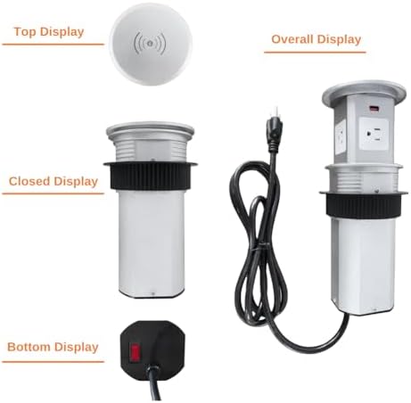 ZESHAN Sleek Pop-Up Power Outlet with 15 W Wireless Charging Station – Dual US Outlets, USB A & USB C PD Fast Charging Ports for Effortless Connectivity at Home or Office – Ideal for Conference Tables and Kitchen Counters, Modern Black Finish