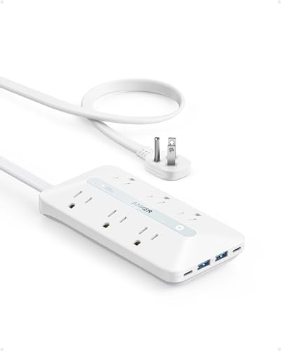 Anker Ultra-Thin 10-in-1 Power Strip with 300 J Surge Protection & USB Charging Hub – 6 AC Outlets, 2 USB-A, 2 USB-C Ports, 5-Foot Extension Cord for Home Office, College Dorm, and Workspaces – Space-Saving Desk Charging Station