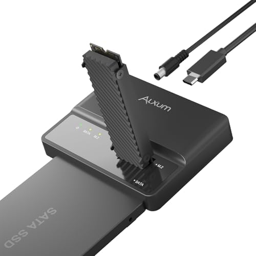 Alxum 2 in 1 M.2 NVME & SATA SSD Enclosure – Ultra-Fast 10 Gbps USB 3.2 Tool-Free Portable Case for 2230/2242/2260/2280 M.2 & 2.5″/3.5″ SATA Drives – Perfect for On-the-Go Data Transfer and Backup Solutions