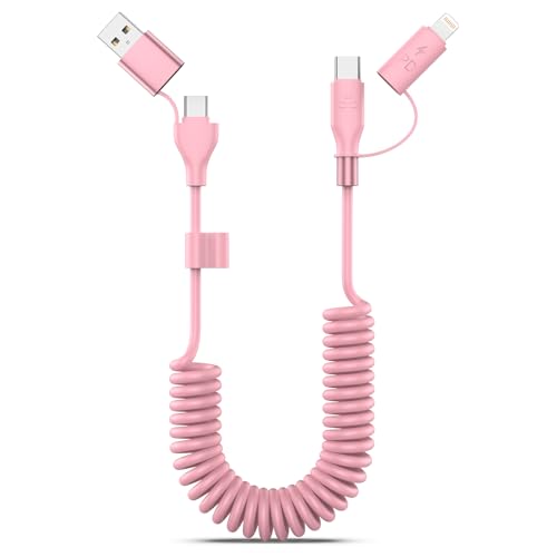 Dual-Function Coiled USB-C & Lightning Charging Cable 3 FT – 60 W Fast Charge for i Phone 15/16 & Samsung Galaxy – Perfect for Apple Car Play & Android Auto Integration (Sleek Black) – Enhanced Durability & Space-Saving Design