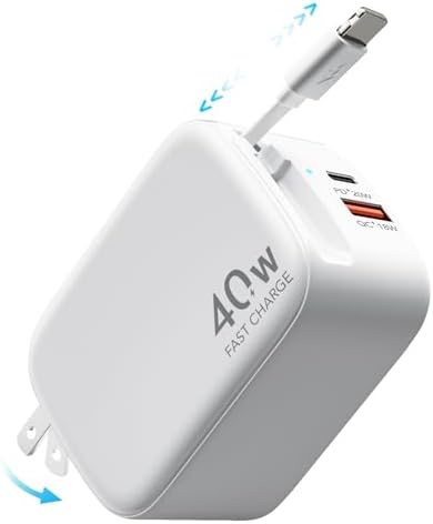 Rapid 35 W Ga N USB Wall Charger with Retractable Lightning Cables – Portable and Sleek Charging Solution for i Phone 14/13/12 & i Pad – Tangle-Free Design for Effortless Travel and Enhanced Compatibility with Apple Devices