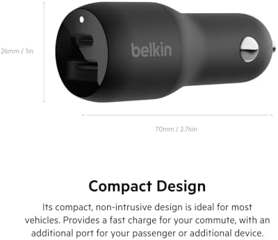 Belkin 37 W Dual USB Car Charger – Rapid Power Delivery 25 W USB-C & 12 W USB-A Ports for PPS Fast Charging – Universal Compatibility for Apple i Phone, Samsung Galaxy, Air Pods & More – Compact & Durable Design for On-the-Go Charging Efficiency
