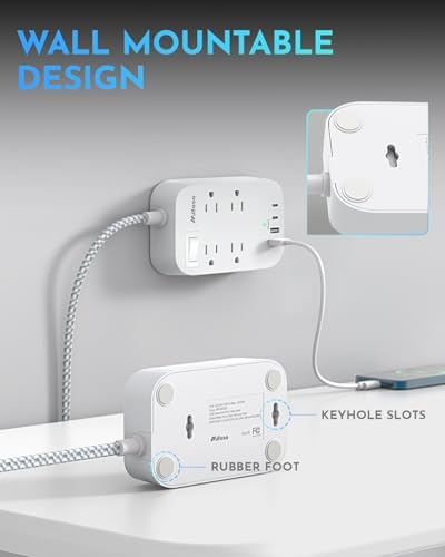 Versatile 10 Ft Braided Power Strip with Flat Plug – 4 Outlets & 3 USB Charging Ports for Effortless Device Management, Overload Protection, and Space-Saving Wall Mount Design for Home and Office Use