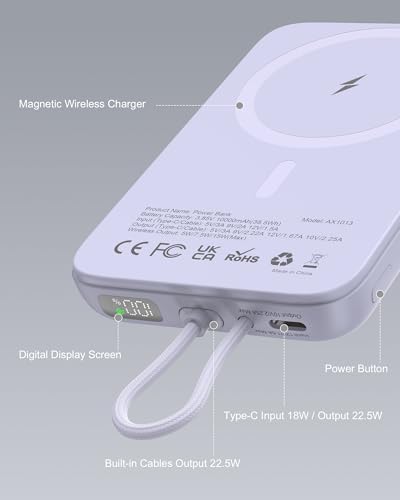 Asper X Mag Safe 10,000 m Ah Portable Power Bank – Dual Charging Solutions with 15 W/22.5 W Fast Charging, Smart LED Power Display, Built-in USB-C Cable & Compact Design for i Phone 16/15/14/13/12 & Galaxy S25 – Ultimate Travel Companion for Efficient Power Management