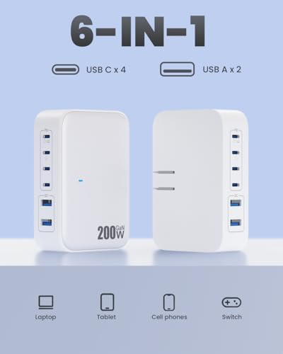 200 W USB C Charging Hub with 6 Ports – Ga N IV Foldable Wall Charger for Rapid Device Power-Up, PD 65 W Laptop Charger for Mac Book Pro, Dell, i Phone 16/15, i Pad, Galaxy & Steam Deck – Compact & Travel-Friendly Fast Charging Solution