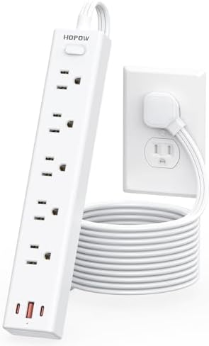 Ultra-Slim 15 FT Flat Plug Power Strip with 5 Outlets & 3 Smart USB Ports – 1700 Joules Surge Protector for Home, Office & Dorm Use – Space-Saving Design with Right-Angle Plug for Optimal Access and Charging Efficiency