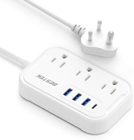 Ultimate BESTEK Type G Travel Power Adapter: 3 AC Outlets & 4 High-Speed USB Ports with 20 W PD for Rapid Charging – Ideal for Hassle-Free US to UK Travel, Compatible in Ireland, Scotland, and Hong Kong – 2.6 ft Flexible Cord for Enhanced Convenience and Multi-Device Power Solutions