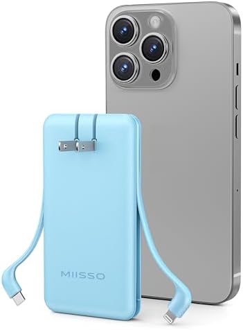 miisso Ultra Slim 10000 m Ah Portable Power Bank with Built-in Cables and Foldable Wall Plug – Compact USB-C Charger for i Phone, Samsung, i Pad & More – Perfect Travel Companion for On-the-Go Charging Efficiency