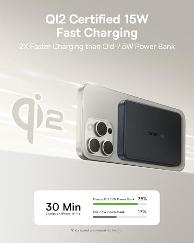 Baseus Magnetic Portable Charger for i Phone – 5,000 m Ah Qi2 Certified Wireless Power Bank with 15 W Mag Safe Compatibility & 20 W USB-C Fast Charging for i Phone 16/15/14/13/12 – Sleek, Lightweight Design for On-the-Go Power Solutions