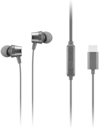 Lenovo 300 USB-C Wired In-Ear Headphones – Exceptional Sound Performance, Ergonomic Fit with Customizable Silicone Tips, Sleek Grey Design for Commuters, Gamers, and Professionals – Integrated Microphone with Play/Pause Control for Effortless Listening and Calls