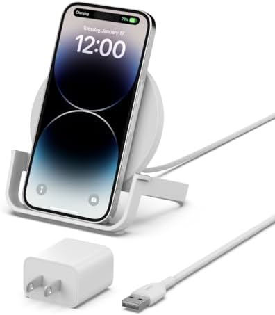 Belkin 10 W Qi-Certified Fast Wireless Charging Stand for i Phone & Samsung – Streamline Your Charging Experience with Effortless Power-Up, Perfect for Video Calls, Music, and More – Includes AC Adapter for Immediate Use – Elegant White Design Enhances Any Space