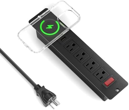 Recessed Power Strip with Integrated 15 W Wireless Charger – Versatile Desktop Charging Station Featuring 2 USB-C Fast Charging Ports & Dual AC Outlets for Home and Office Use – Streamlined Design for Clutter-Free Spaces & Enhanced Device Compatibility