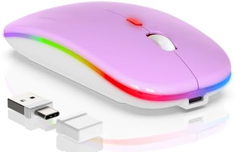 Sleek LED Bluetooth Wireless Mouse for Mac & PC – Rechargeable, RGB Light-Up Design with Dual Connectivity (BT5.2 + 2.4 G USB) – Slim, Portable Mouse with Jiggler Function for Work & Play – Enhanced Performance & Style in White