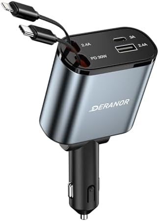 Dual-Output 69 W Retractable Car Charger Set – 4-in-1 Fast Charging Adapter with Type C and Lightning Cables for i Phone 12-16 & Samsung S23/S24 – Compact Design for Seamless Multi-Device Power on the Go