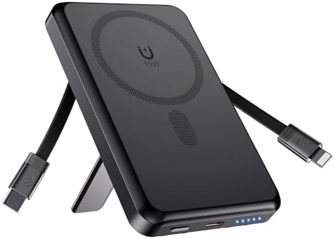 Revolutionary Mag Safe 10,000 m Ah Wireless Power Bank – Ultra-Fast Charging, 4 Outputs with Dual Built-in Cables, Magnetic Design for i Phone 15/14/13/12 Pro/Max/Plus, Integrated Kickstand for Effortless Viewing, Versatile USB-C & Micro USB Inputs – Perfect Travel Companion for On-the-Go Charging