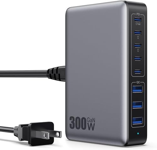High-Power 300 W USB C Charging Hub – 8-Port Ga N III Fast Charger for Mac Book Pro, Dell, i Phone 16/15/14, Galaxy S23/22 – Ultimate Multi-Device Charging Station for Home and Travel with PD Compatibility