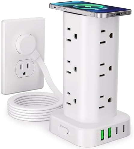 Ultimate Power Strip Tower with 15 W Wireless Charger and 10 FT Extension Cord – 12 AC Outlets & 4 USB Ports (2 USB-C) – Space-Saving Surge Protector for Home, Office, and Dorm Use – Advanced Compatibility for All Devices