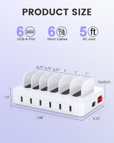 Ultimate 50 W Multi-Device Charging Station with 6 USB Ports & Cables – Space Gray Fast Charging Dock for i Phone, i Pad, Kindle, and More | Efficient Power Hub for Home, Office & Travel – Compact Design with Safety Features