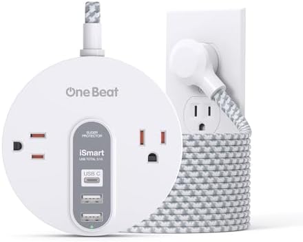 Compact Power Strip Surge Protector with USB-C Charging – 5 ft Flat Plug Extension Cord Featuring 2 AC Outlets & 3 USB Ports for Home, Office, and Travel – 490 J Surge Protection for Safe Device Charging and Efficient Organization