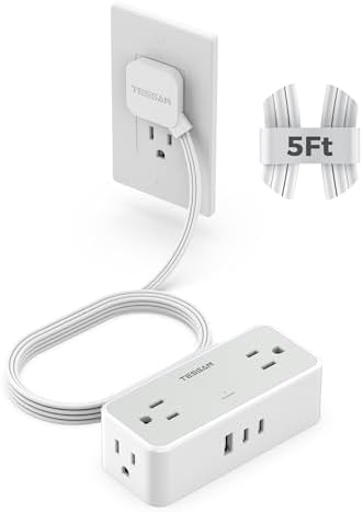 TESSAN 5 FT Flat Plug Extension Cord with 4 AC Outlets, 1 USB-C & 2 USB-A Ports – 900 Joules Surge Protector Power Strip for Home Office & Dorm Room – Maximize Charging Efficiency & Space Savings with Versatile Power Accessory