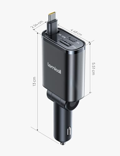 Ultra-Compact Lamicall Retractable Car Charger – 57 W USB-C Fast Charging for i Phone 16, Galaxy S25, Pixel Android | Space-Saving Design with Enhanced Compatibility & Safety Features for Quick On-the-Go Charging