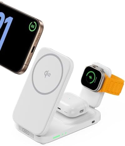 Ultimate INIU 3-in-1 Magnetic Wireless Charging Station for Apple Devices – 15 W Fast Charger for i Phone 16 Pro Max, 15, 14, 13, 12, Compatible with Apple Watch Series 10/9/8/SE/Ultra & Air Pods 4/3/2/Pro – Travel-Friendly Foldable Design for Effortless Portability and Enhanced Device Compatibility