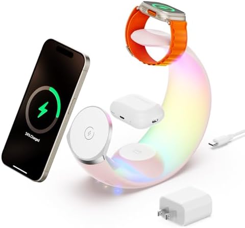 Ultimate 3-in-1 Magnetic Wireless Charging Station for Apple Devices – Fast Charge Your i Phone 16/15/14/13/12/11, Apple Watch Series & Air Pods 4 with RGB Night Light – Enhanced Safety & Intelligent Charging Technology – Artful Design for Home and Office Aesthetics