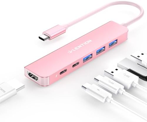 LENTION 4 K HDMI USB C Hub – Multiport Adapter with 3 USB-A Ports, USB-C Data Port, and 100 W PD Charging for Mac Book Pro/Air, i Phone 15 Pro/Pro Max, Surface, and Chromebook – Stylish Rose Gold Design for Seamless Connectivity and Enhanced Productivity