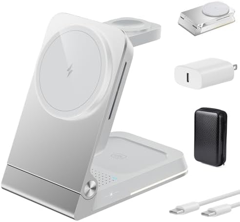 Premium Aluminum 3-in-1 Foldable Wireless Charger Station – Fast Magnetic Charging Dock for i Phone 16/15/14/13/12, Apple Watch & Air Pods with Touch Night Light – Portable Travel Charger with 20 W PD Adapter & Waterproof Case – Ideal Gift for Home, Office & On-the-Go Use