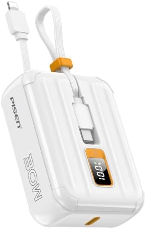 PISEN 10000 m Ah Fast Charging Power Bank with Built-in USB Cables – 30 W High-Speed Portable Charger for i Phone 16/15/14/13/12 Pro/Pro Max/Plus – Compact Battery Pack with Mini LED Display in Blue for Ultimate Convenience and Compatibility