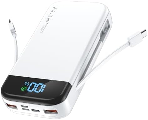 High-Capacity 32000 m Ah Portable Charger with Fast Charging Technology – 22.5 W QC 3.0 & 20 W PD Power Bank with Built-in Cables and Smart LED Display for Charging 5 Devices – Essential Travel and Everyday Accessory (White)