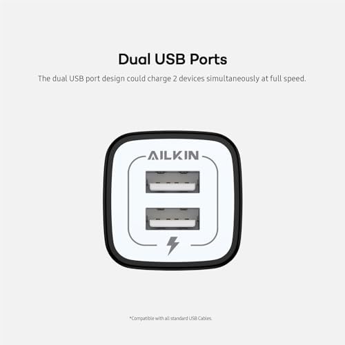 AILKIN Dual Port USB Wall Charger 2-Pack – 2.1 A Fast Charging Adapter for i Phone 15/14/13/12/11 Pro, Samsung Galaxy S23/S22/S21 – Compact Power Block with Quick Charge Technology – Universal Compatibility & Safety Features for Home and Travel
