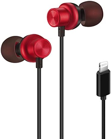 PALOVUE Lightning Earphones – Premium Magnetic In-Ear Earbuds with Built-In Mic & Controller for i Phone Models 13/12/11 Pro Max/X/XS Max/XR/8/7 – Stylish Earflow Plus Metallic Red Design for Superior Comfort and Sound Quality