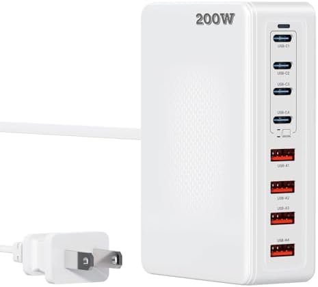 Advanced 200 W Ga N IV USB-C Fast Charging Station – 8-Port Multi-Device Power Hub for Laptops & Smartphones – PD 65 W Mac Book Pro/Air & DELL Charger – Compact, Portable & Efficient Charging Solution for i Phone 16/15/14 & Galaxy S25/24 – Ultimate Power Delivery & Enhanced Compatibility