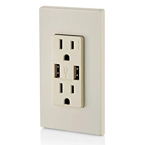 Leviton 60 W Dual USB Type A/Type-C In-Wall Charger – Fast, Efficient Power Delivery Solution for Smartphones, Tablets & Laptops – Tamper-Resistant Outlet in Light Almond for Safe, Clutter-Free Charging Experience – Perfect for Home and Office Use